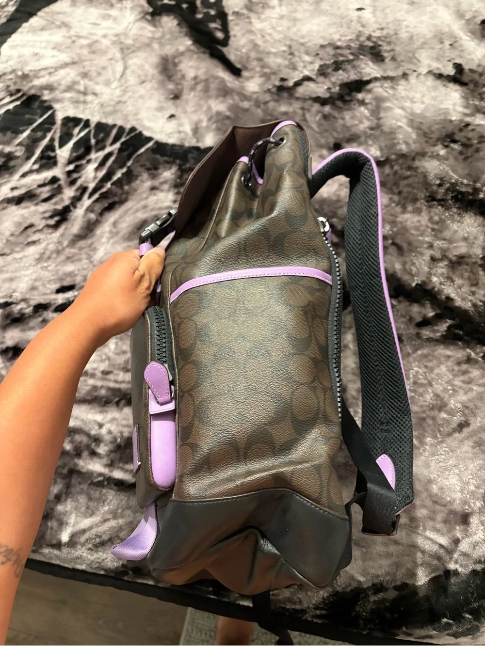 Coach Brown Signature Canvas Backpack with Lavender Trim